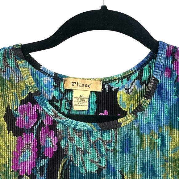 VTG Y2K Top M Accordion Ribbed Slinky Floral Blouse Party Work Club Boho Fairy - Picture 2 of 13